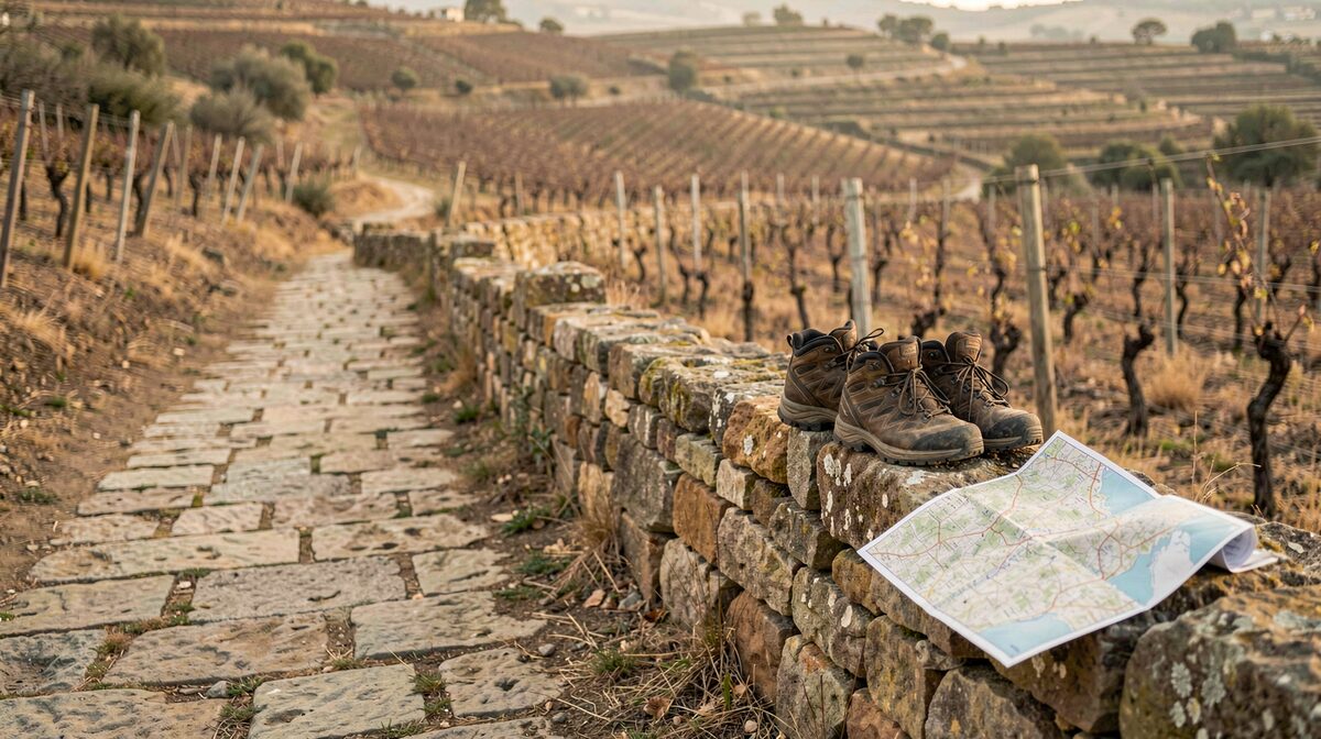 A worn limestone path cutting through dry terraced vineyards in soft early light, with hiking boots and a folded paper map resting on a low dry-stone wall in the foreground.