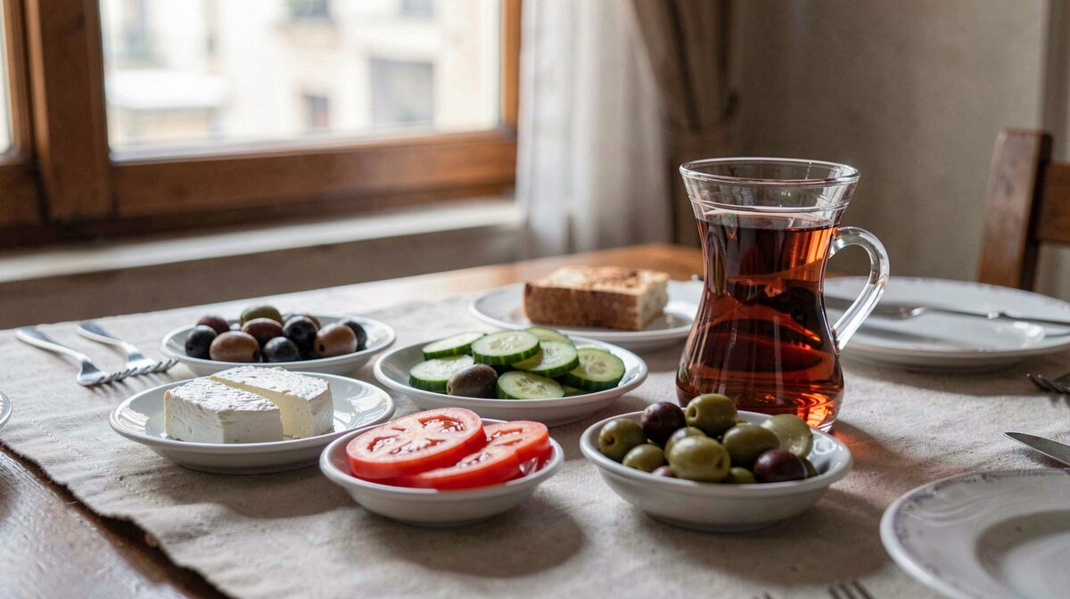 A close-up of a Turkish breakfast table in Istanbul, with small plates of white cheese, olives, tomato, cucumber, and a tulip glass of tea, morning light from a window.