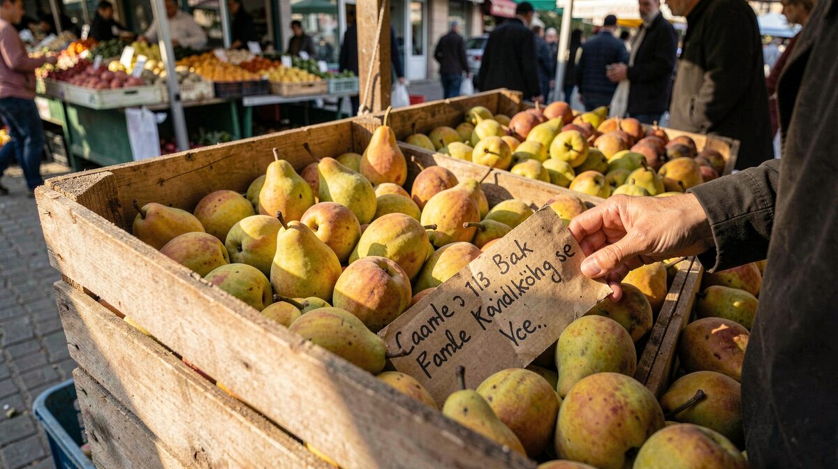 A wooden crate of quince at a market stall in Kadıköy, Istanbul, morning light falling across the fruit, a seller's handwritten village label tucked between the fruit and the crate edge, shot from slightly above.