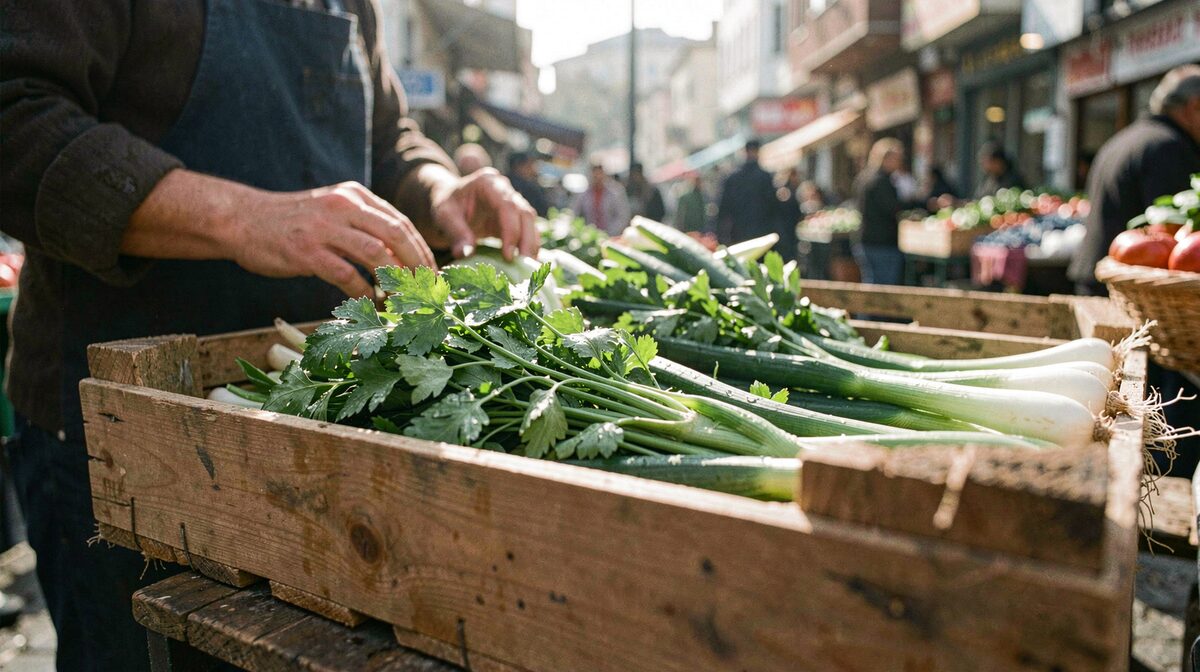 A shallow wooden crate of wet parsley and spring onions on an Istanbul neighbourhood market stall in early morning side light, shot low over the crate toward the seller's hands in the background.