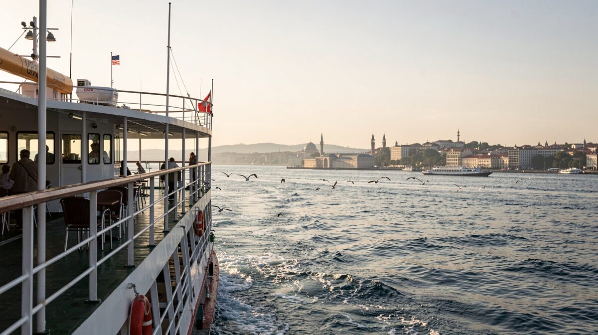 Early morning light on the deck of a Kadıköy ferry approaching Karaköy, low sun across the Bosphorus, wide frame with gulls trailing the stern and the European shoreline in the middle distance.