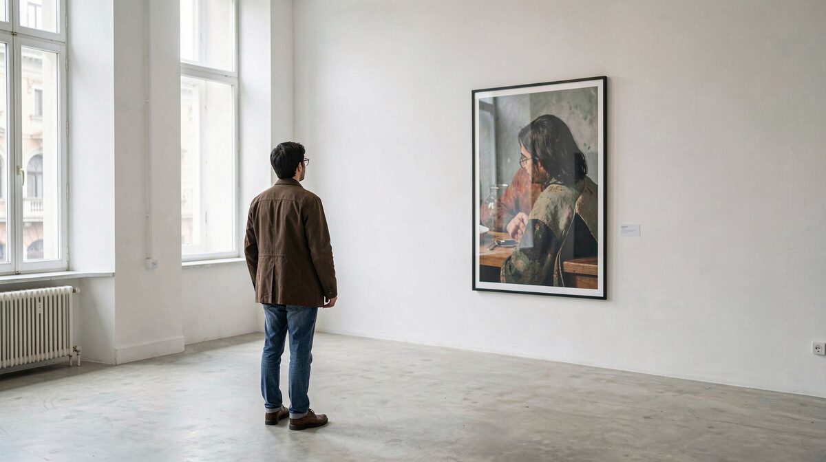 A visitor seen from behind, three-quarter angle, standing before a large framed print in a daylit Tophane gallery, soft light from tall windows, wide vertical framing.
