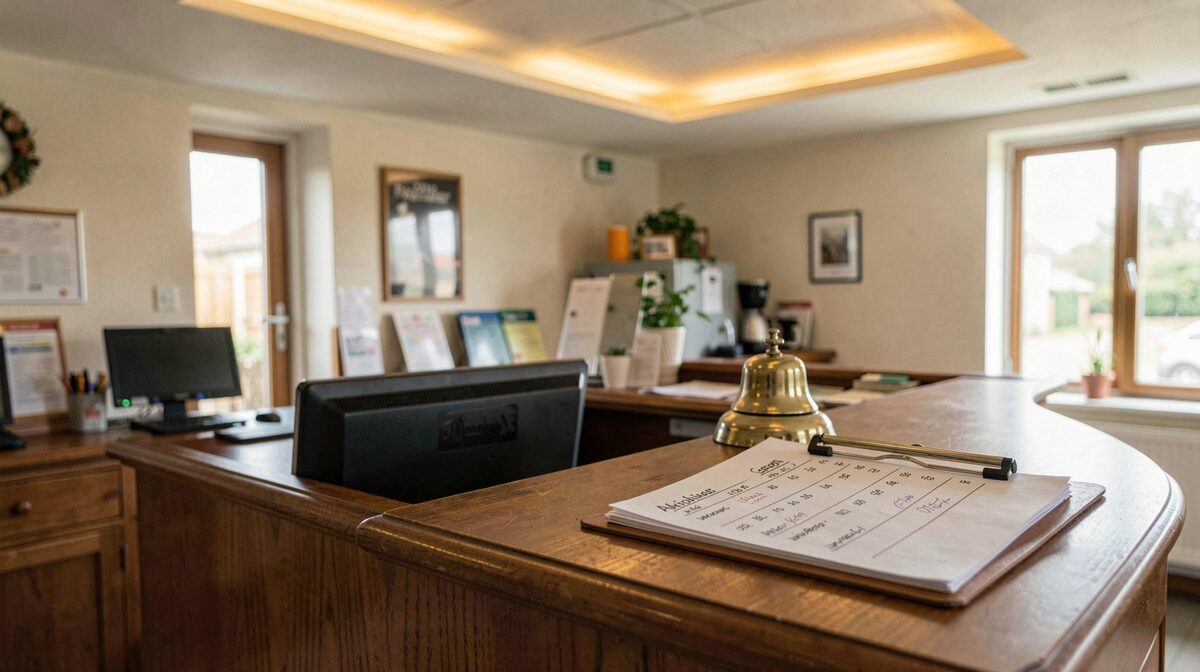 A hostel reception desk at 07:40, a brass bell and a clipboard of arrival times under warm ceiling light, shot from the guest's side of the counter.