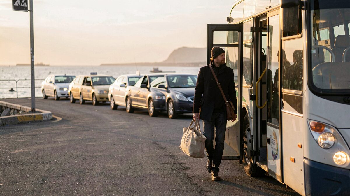 A single traveller with one canvas bag stepping off an evening bus at a small coastal terminal, the last light on the water behind the rank of waiting taxis.
